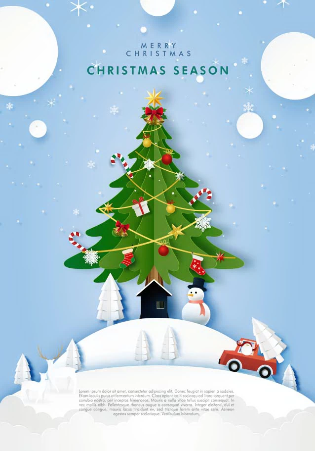 创意剪纸风圣诞节圣诞树圣诞老人麋鹿雪花3D立体海报PSD/AI素材模板【047】